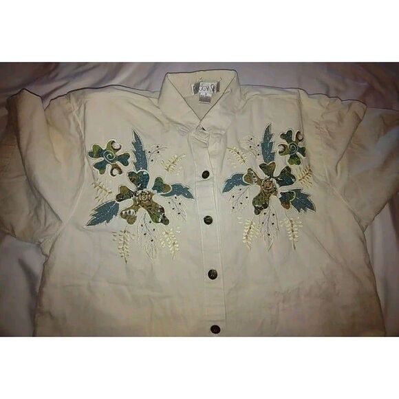 5/$25 Sz Med Oversize Vintage Button Up Embroidered Blouse Metallic Embellished - Picture 6 of 7